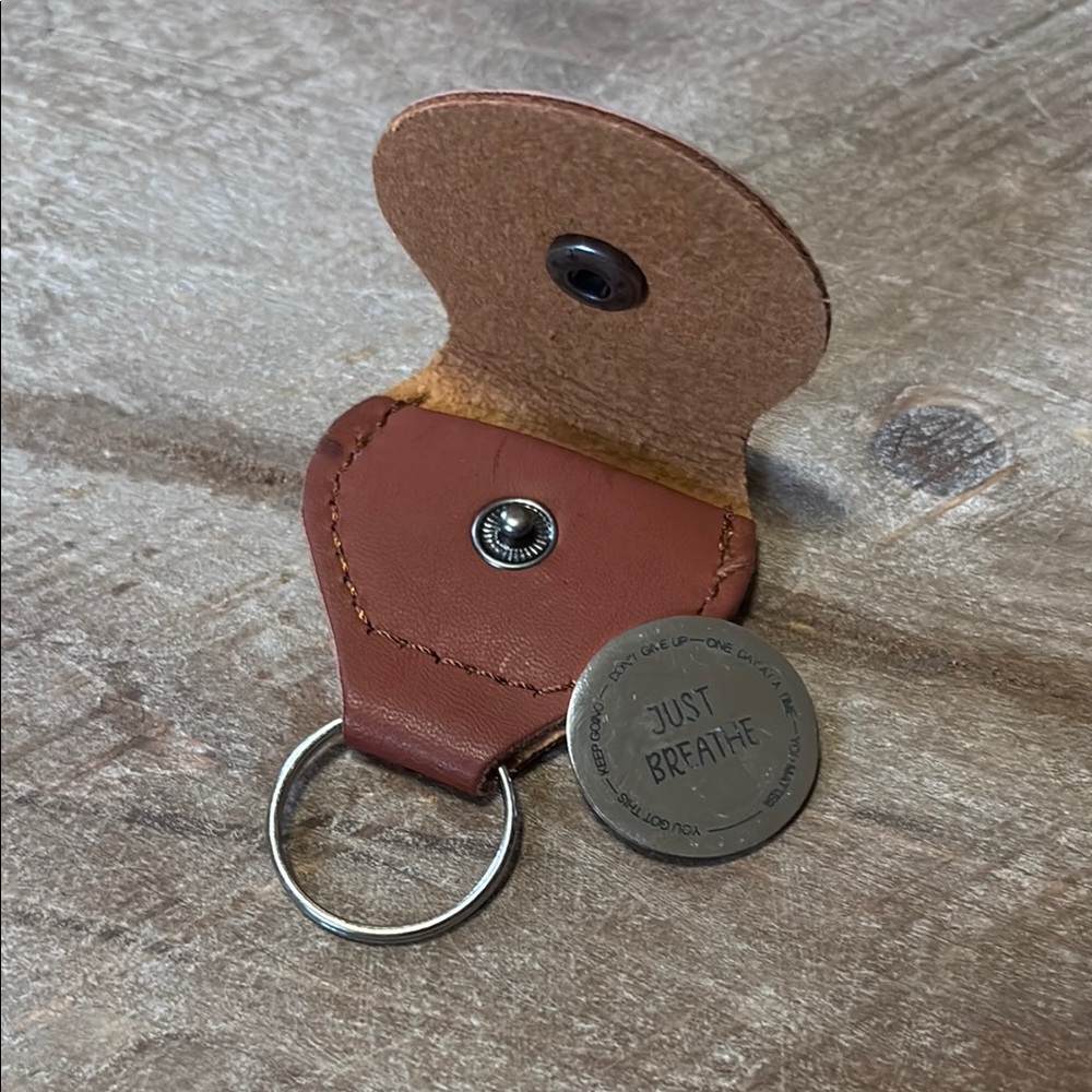 Brown Leather Keychain with 'Just Breathe' and ‘Pocket Hug’ Coin